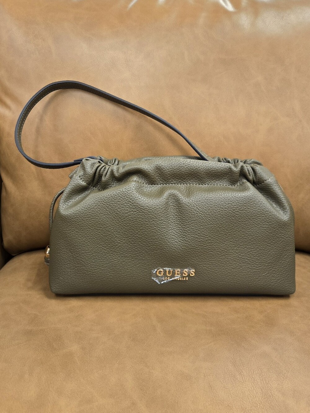 GUESS Olive Green Pebbled Ruched Wristlet